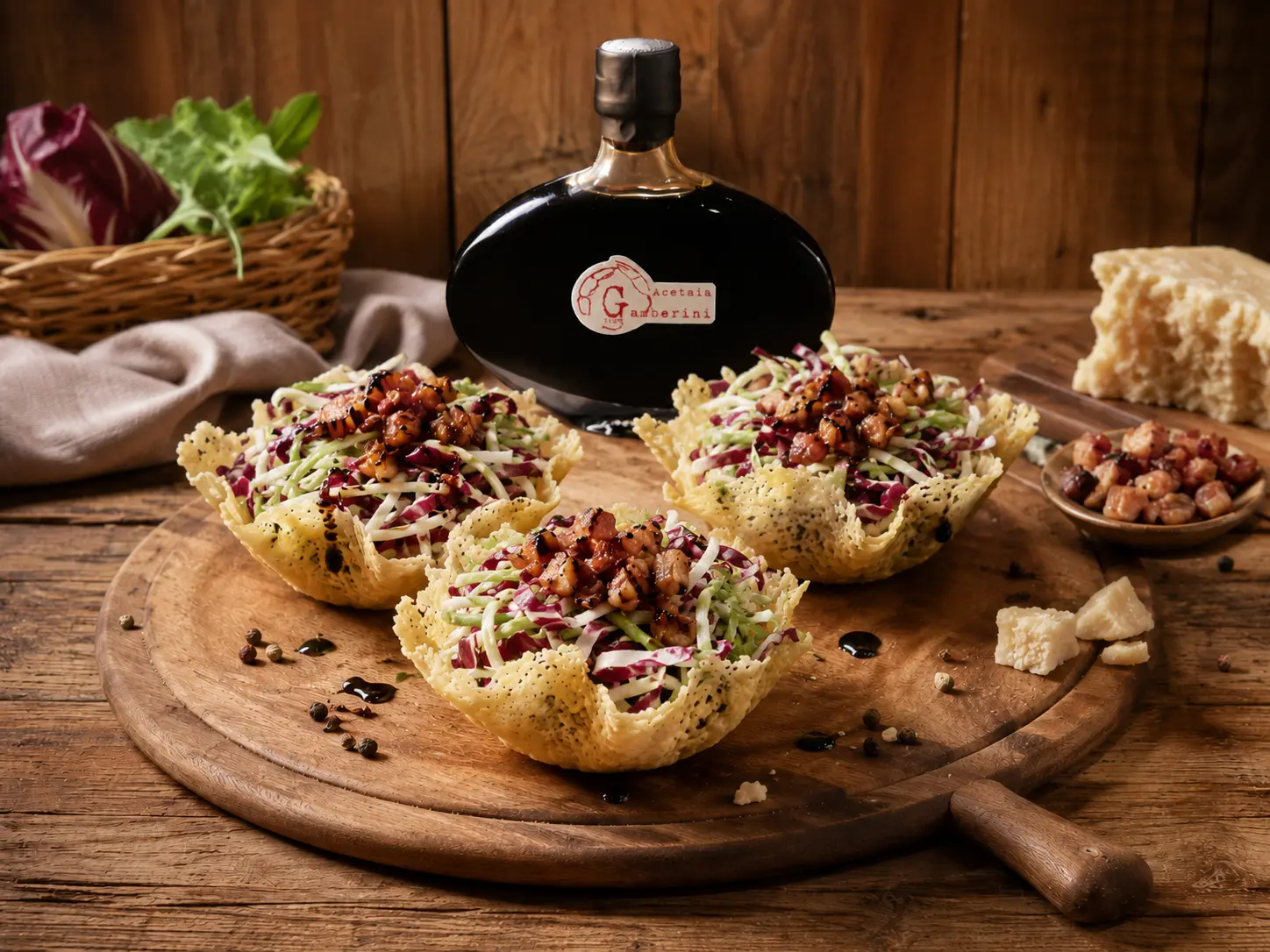 Cestini di Parmigiano con insalatina, pancetta e Aceto Balsamico Gamberini 25 anni